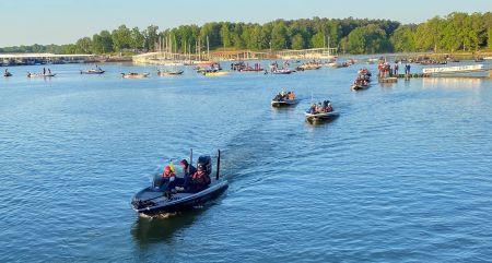 Boats gathering at pre-launch for a high-school bass tournament on Lake Cumberland.